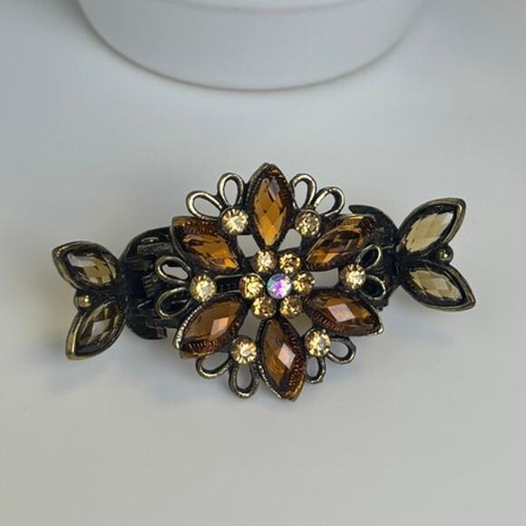 Rhinestone Amber Tone Jeweled Vintage Hair Pony Tail Clip Barrette